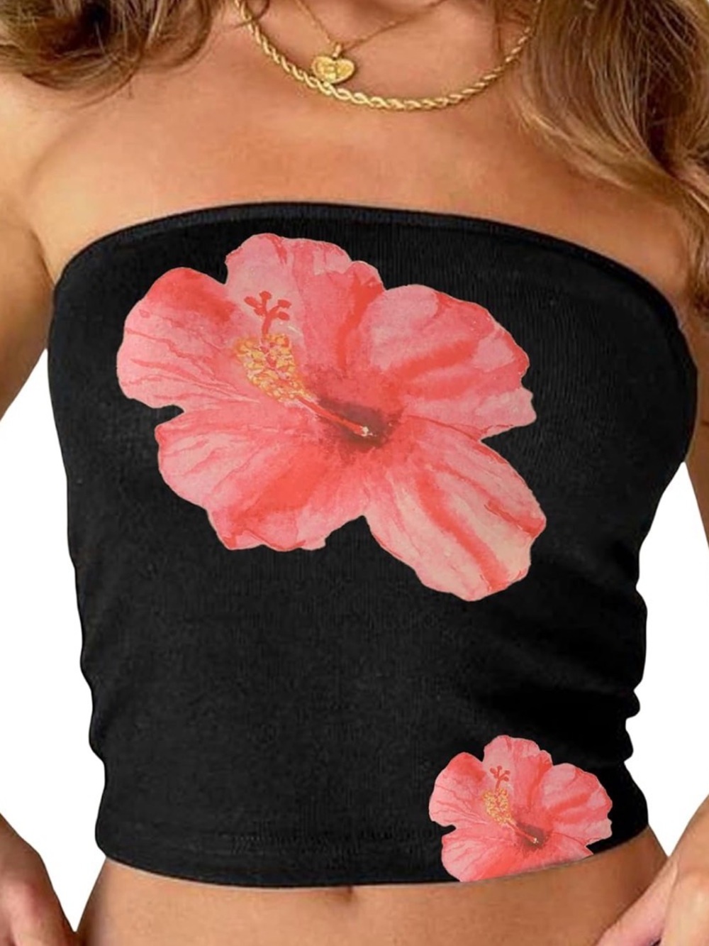 Amazon Black Strapless Cropped Tube Top with Pink Floral Hibiscus